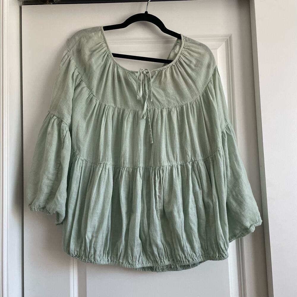 J.P. & Mattie Sage Green 100% Cotton Peasant Blouse Boho Tiered Top Size M - Picture 2 of 8